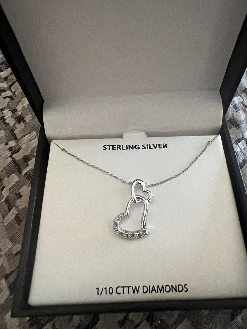Sterling Silver Double Heart Pendant Necklace with Diamonds - Silver